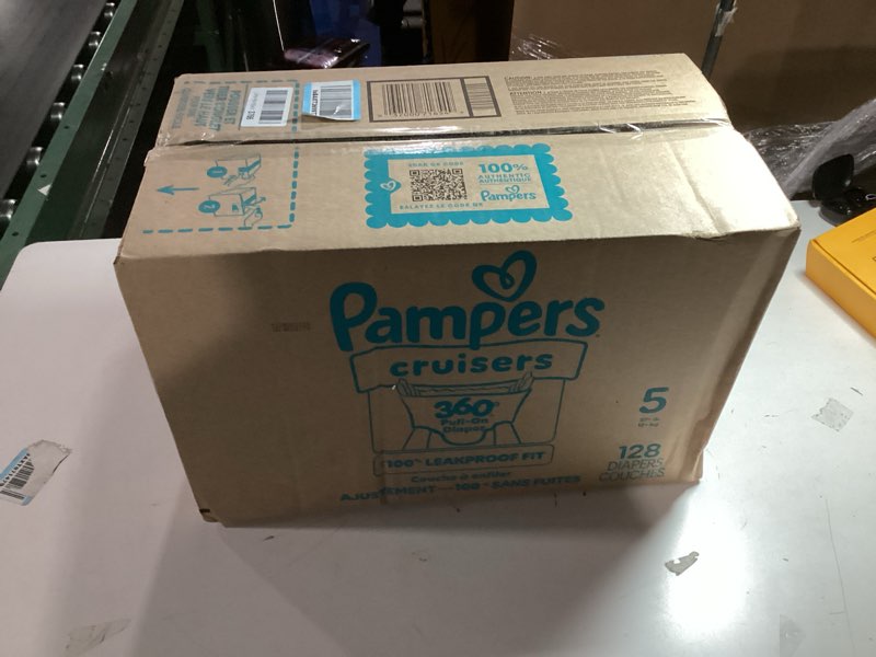Condition photo showing New/Like New for Pampers Diapers - Cruisers 360 - Size 5, 128 Count, Babyproof up to 100% Leakproof Pull-On Diaper Size 5 128