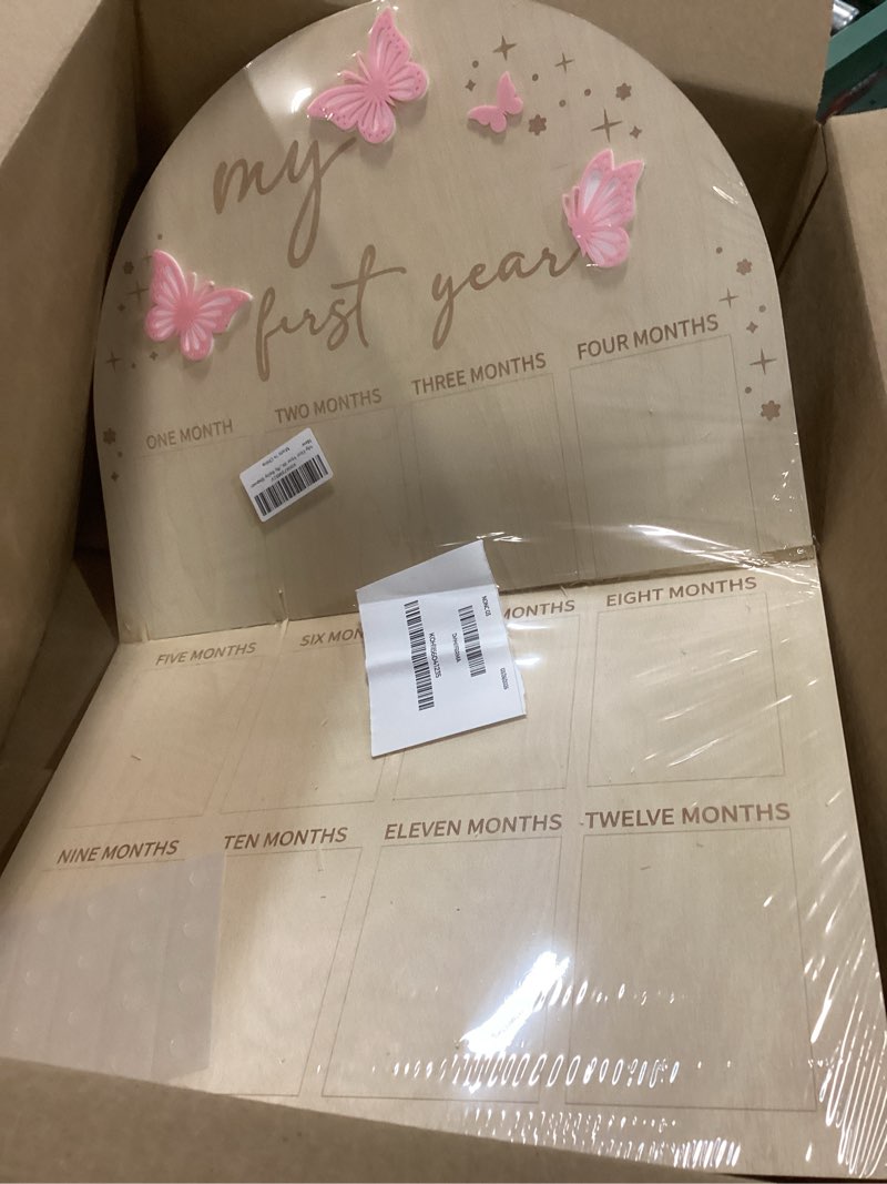 Condition photo showing As Is for my first year wood photo board for butterfly - acrylic 3d butterfly for 1st birthday party decor,1-12 months photo wooden board party surprises for baby girl,first birthday butterfly baby shower