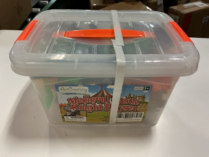 Condition photo showing New/Like New for ArtCreativity Medieval Castle Knights Playset for Kids, 27-Piece Deluxe Action Figure Play Set with Storage Bucket, Assembly Castle, 6 Knight Action Figures, Horse Drawn Carriage, Catapult, and More