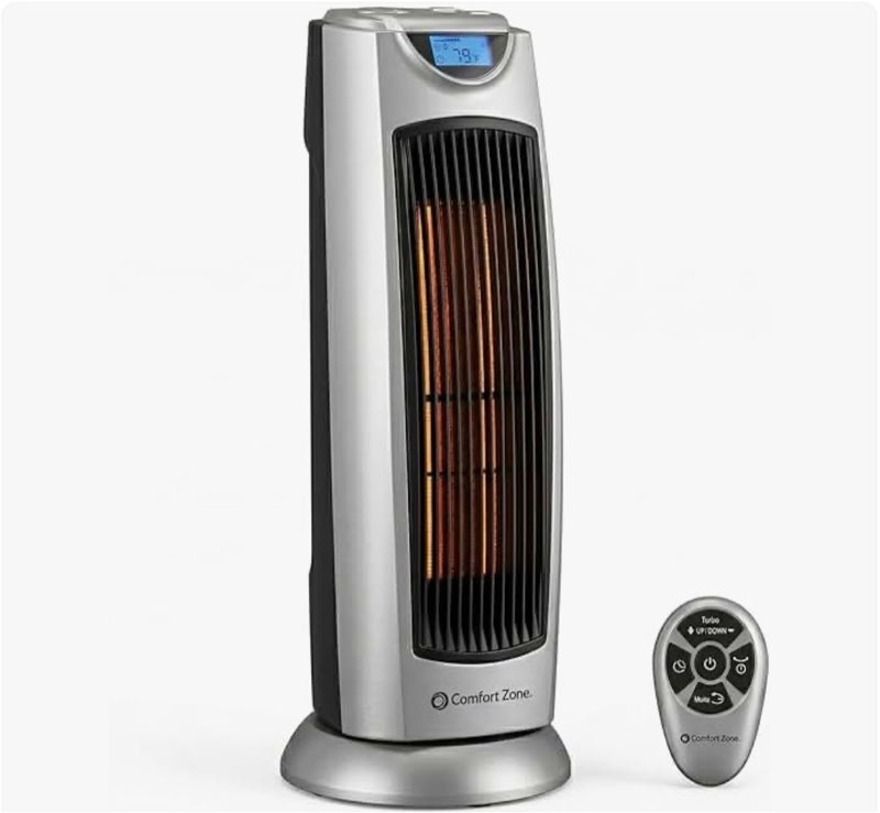 comfort zone 1,500w ceramic tower space heater with remote, backlit digital thermostat & temperature