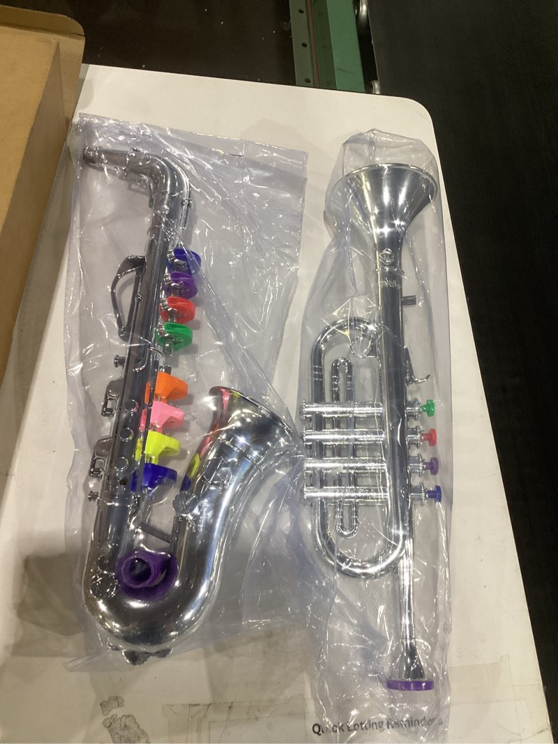 Condition photo showing Good Condition for lewtemi set of 2 musical instruments include toy trumpet and saxophone set plastic trumpet educational christmas toy home school music gift, color keys(silver)