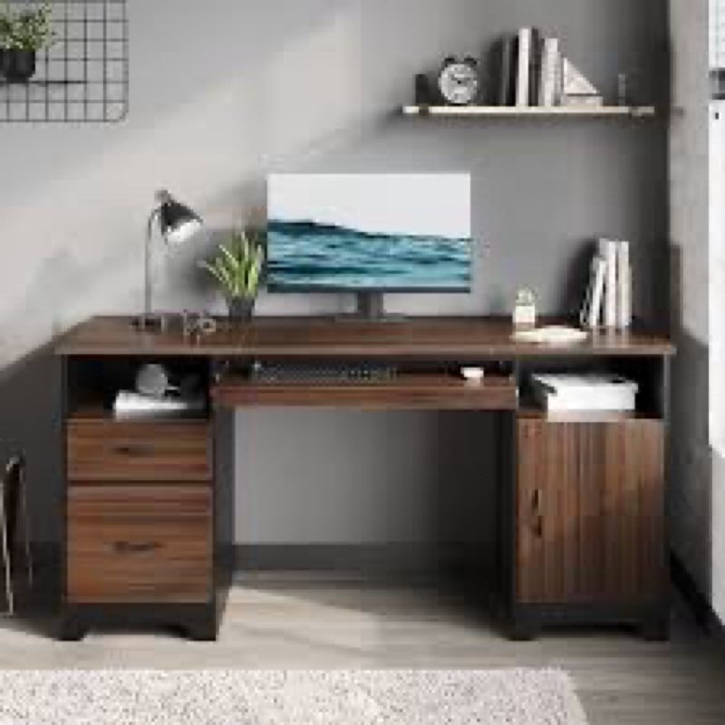 daylie 59''  executive desk with file and storage drawers and cabinet, computer writing desk with keyboard tray and 2 open compartments for home office incomplete 