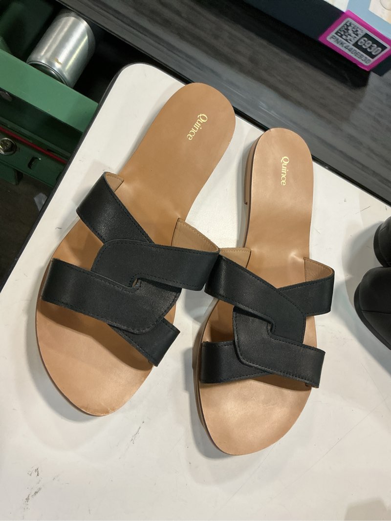 Condition photo showing Good Condition for italian leather cutout slide sandal size 10.5 black 