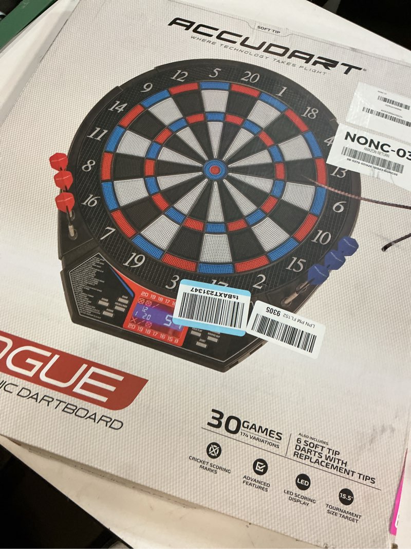 Condition photo showing Good Condition for accudart rogue electronic dartboard – 15.5” tournament soft tip board, 29 games/90 variations, virtual opponent, heckler mode, multi?color backlit display – includes built?in dart holders & darts