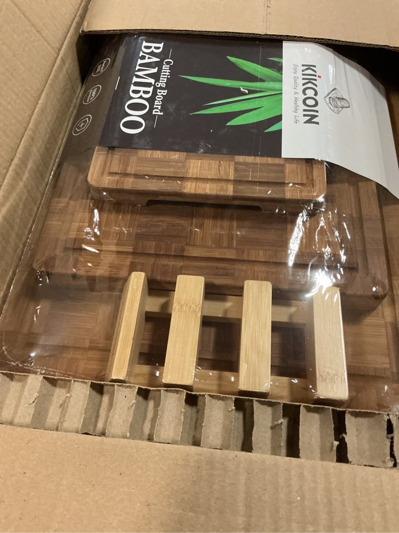 Condition photo showing New/Like New for Kikcoin Extra Large Bamboo Cutting Boards, (Set of 3) Chopping Boards with Juice Groove Bamboo Wood Cutting Board Set Butcher Block for Kitchen, End Grain Serving Tray