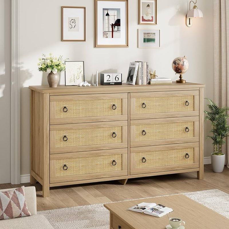 garveehome 6 drawer dresser for bedroom, 47in wide natural oak 6 chest of drawers with large storage
