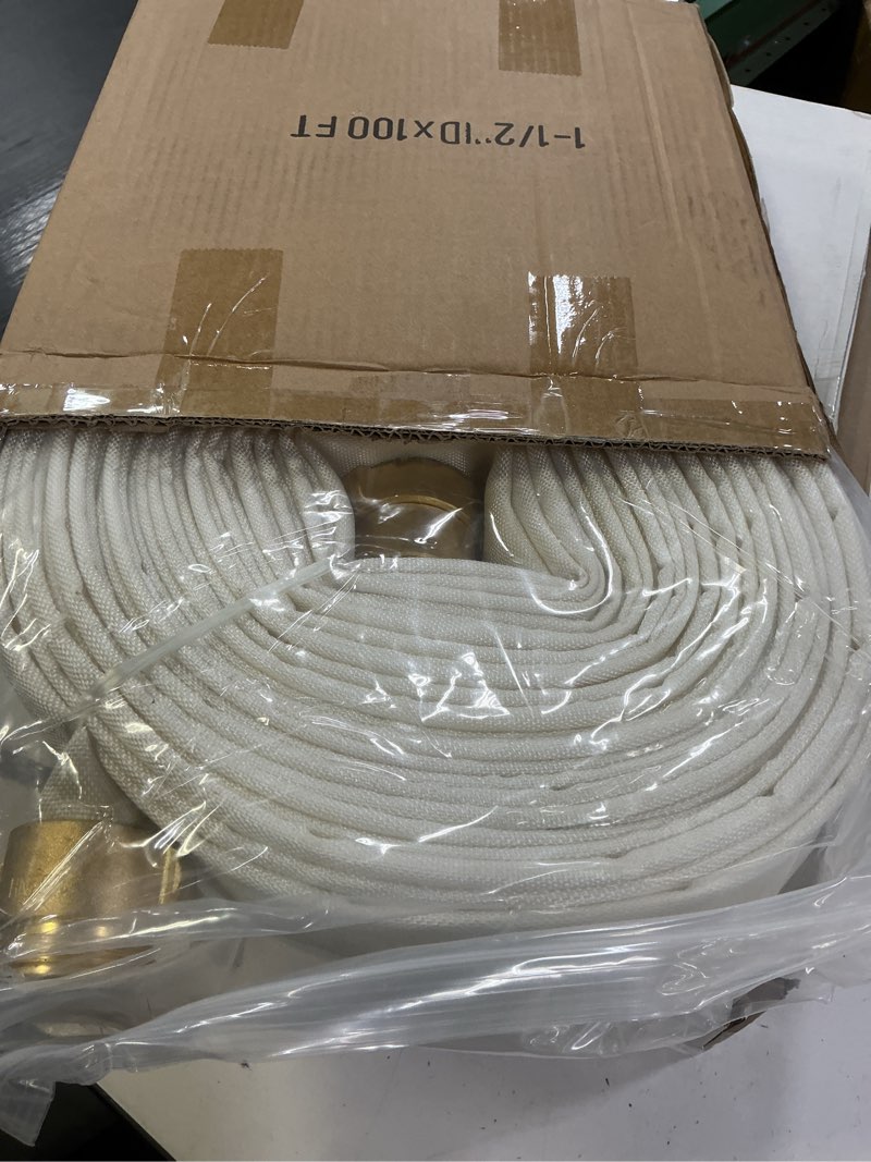 Condition photo showing New/Like New for Fire Hose, 1-1/2" ID x 100 FT Firefighter Hose, White Industrial Flat Water Hose with M x F NST/NH Brass Couplings for Indoor Outdoor Fire, Home Garden Irrigation