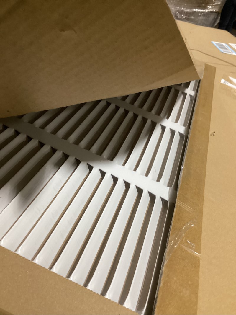 Condition photo showing Good Condition for fits 20x16 duct opening stamped steel return air grille vent cover grille for sidewall and ceiling in white surface dimensions: 21.75"w x 17.75"h (20" w x 16" h duct opening)