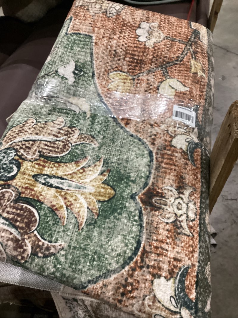 Condition photo showing As Is for Area Rugs 8'x10' Washable Non-Slip, Floral Vintage Distress Print Pattern Medallion Carpet for Living Room Bedroom Dining Room, Brick Red Rust Neutral Brown Burnt Orange Green Brick/Brown/Green 8' x 10' (Rectangular)