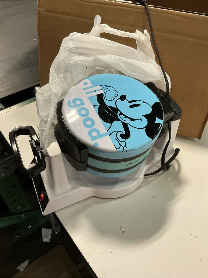 Condition photo showing As Is for disney mickey & minnie double flip waffle maker by select brands - rotating nonstick waffle iron - adjustable browning control - makes 6 mickey & minnie-shaped waffles