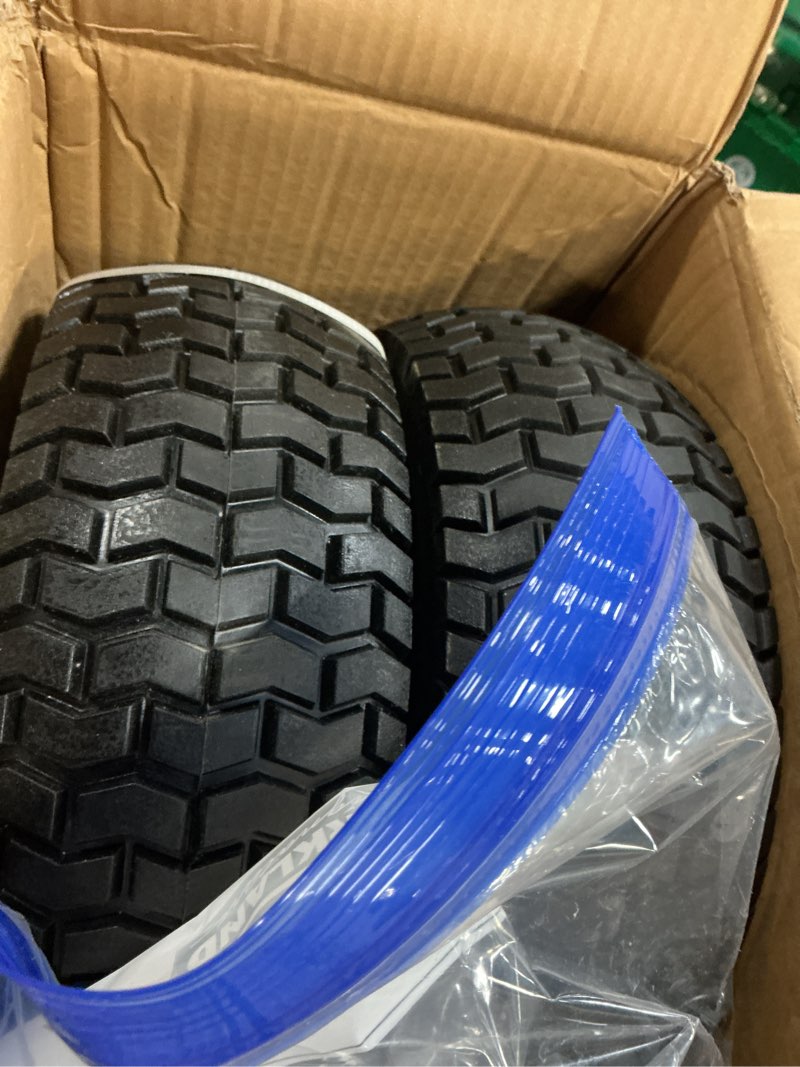 Condition photo showing New/Like New for 2-pack 13x5.00-6 flat-free tire with rim,3"centered hub with 3/4" bushings,w/grease fitting?400lbs capacity,13x5-6 no-flat solid rubber turf wheel,for riding lawn mower,garden cart,wheelbarrow