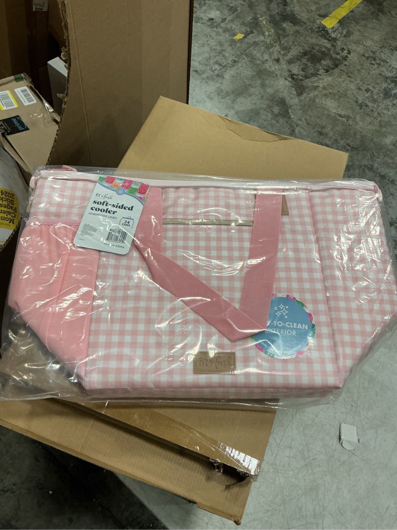 Condition photo showing New/Like New for fit & fresh, 24-can soft cooler bag insulated, leak resistant, portable, soft sided bag for travel pink gingham