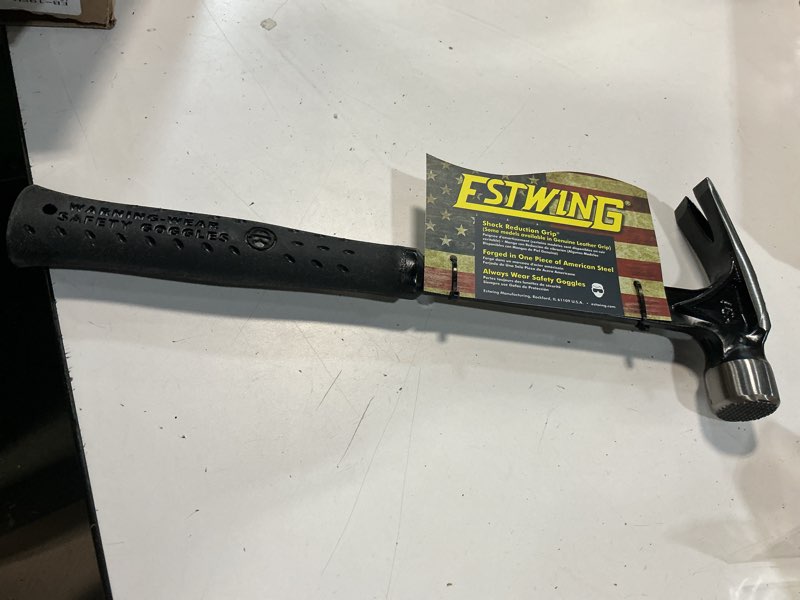 Condition photo showing New/Like New for estwing ultra series hammer, 19oz milled face, black grip, eb-19sm | made in usa, magnetic nail starter, rip claw versatility, forged in one piece, patented shock reduction grip milled face 19 oz