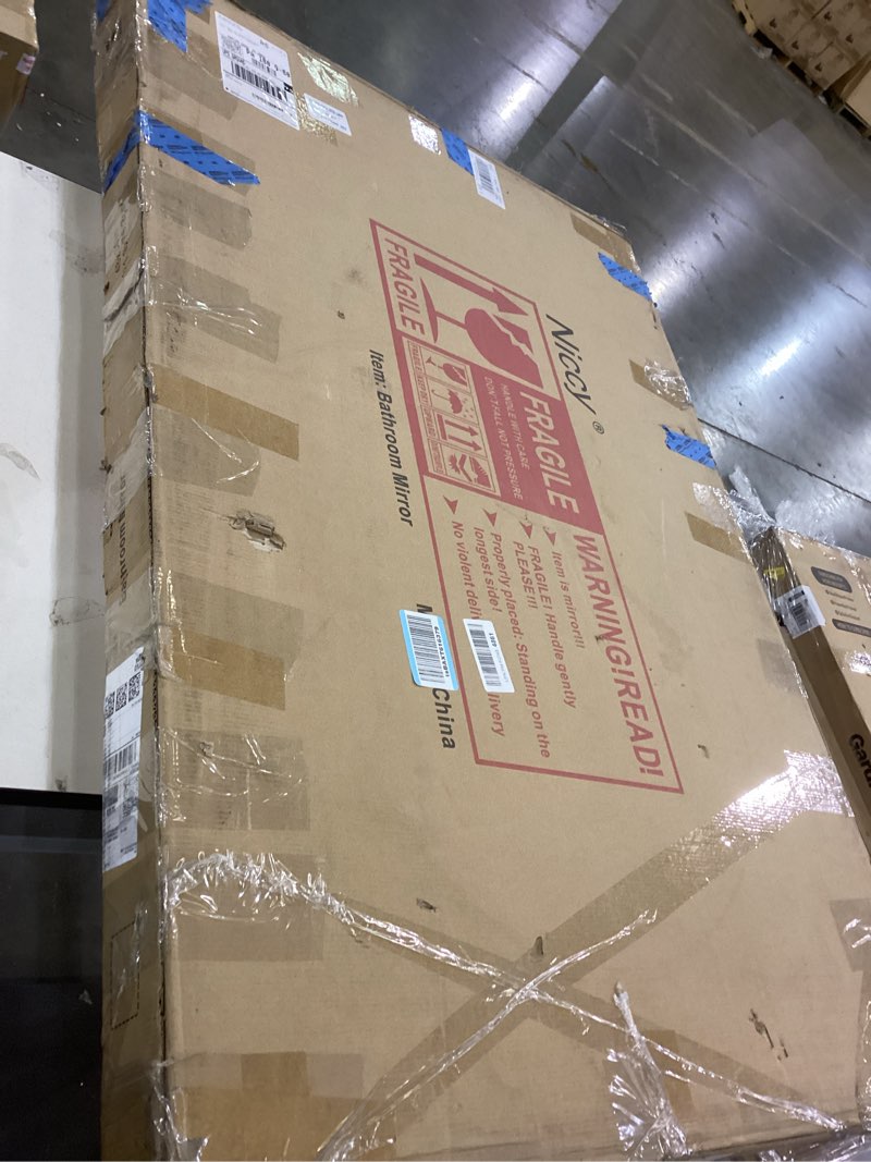 Condition photo showing As Is for Niccy Arched LED Lighted Bathroom Mirror, 48x30 Inch Backlit Vanity Bathroom Mirror with Lights Brushed Gold Framed Wall Mounted Mirrors with 3 Color Shatterproof Arch Smart Fog Free Mirror Gold 48"L x 30"W