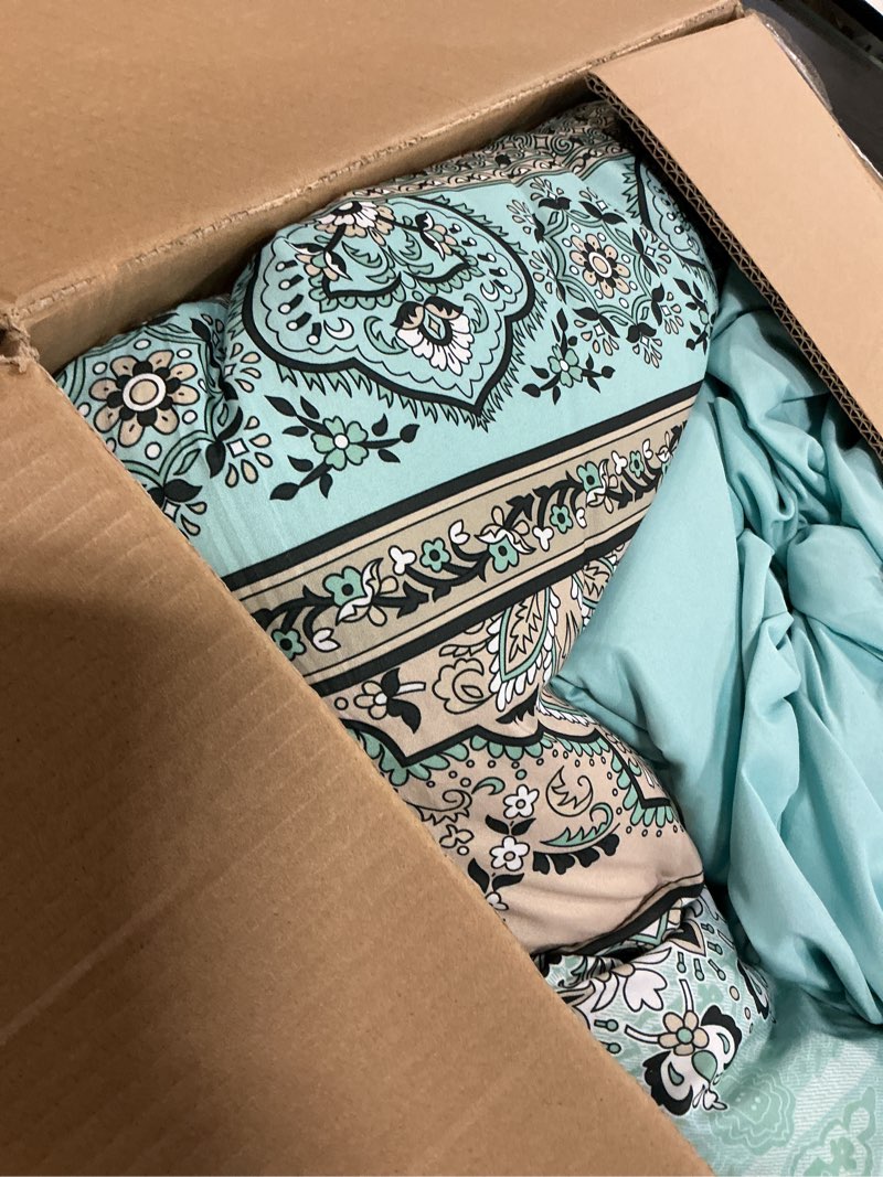 Condition photo showing As Is for cottolester boho comforter set queen size,8 piece bed in a bag sage green paisley comforter and sheet set,striped bedding set soft microfiber complete bedding set sage green queen