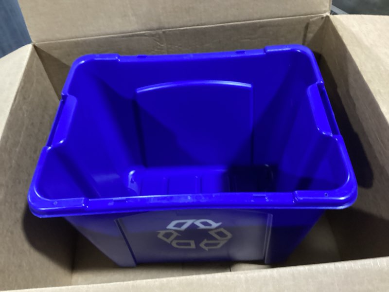 Condition photo showing Good Condition for rubbermaid commercial products, recycling bin/box, stackable, 14 gal, blue, for indoors/outdoors/garages/homes/commercial facilities 14g 1 pack