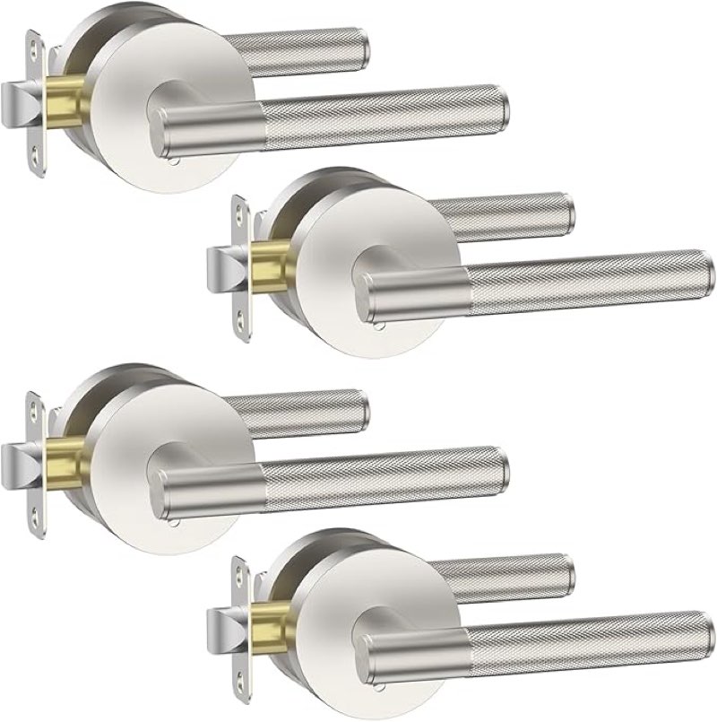 Asidrama 6 Pack Privacy Brushed Satin Nickel Door Handles, Door Lever with Door Knobs Indoor for Bedroom or Bathroom, Heavy Duty Door Handles Interior with Locks for Left Right Sided Doors