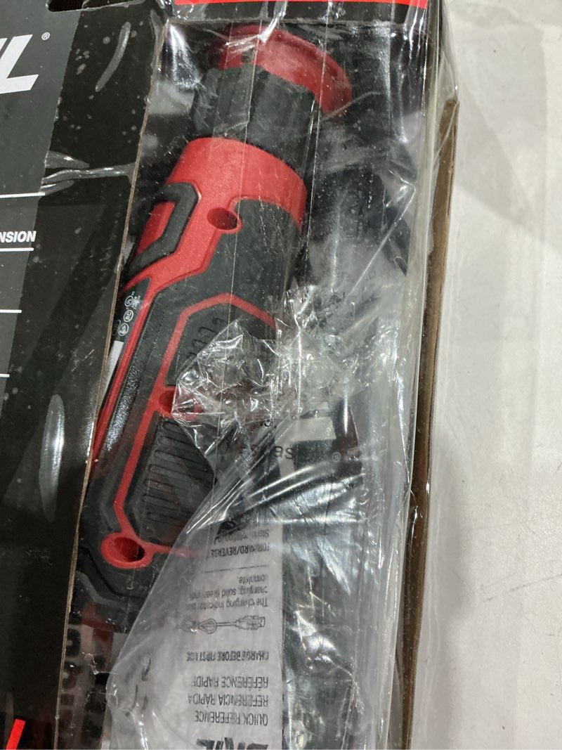 Condition photo showing As Is for skil rechargeable 4v cordless screwdriver with circuit sensor technology, includes 9pcs bit, 1pc bit holder, usb charging cable - sd561201, red one size