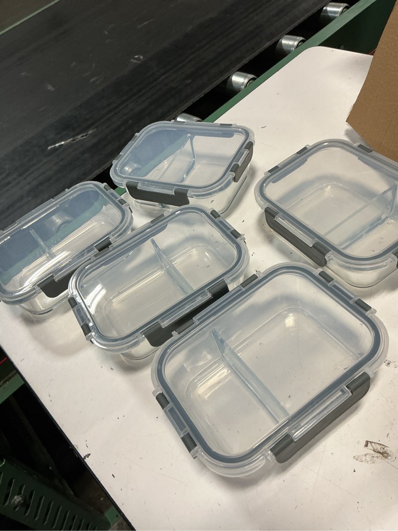 Condition photo showing As Is for (5 pieces only ) mcirco 10-pack,30 oz glass meal prep containers 2 compartments airtight lunch bento boxes with lids, glass food storage containers, microwave, oven, freezer, dishwasher gray-10pcs