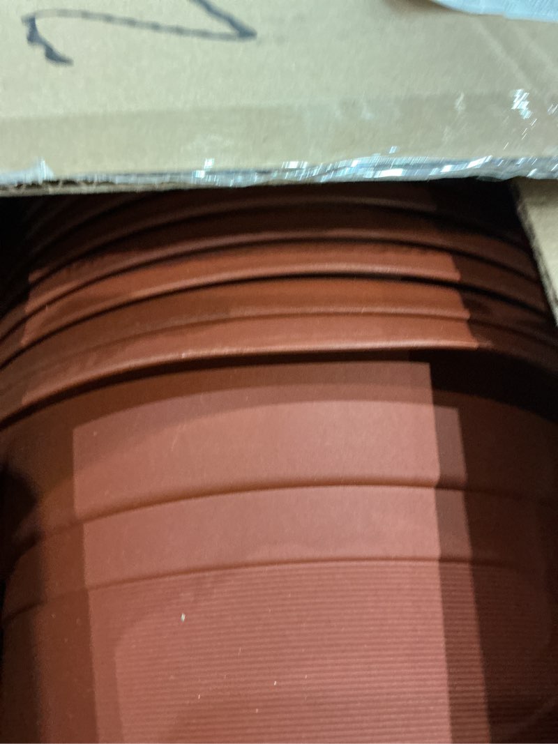 Condition photo showing Good Condition for 12 pack plastic plant pots round planter pots with saucer tray seedling pot hole seed resin plant pot starting nursery flower container with pallet for garden outdoor indoor(brown, 12'') brown 12''