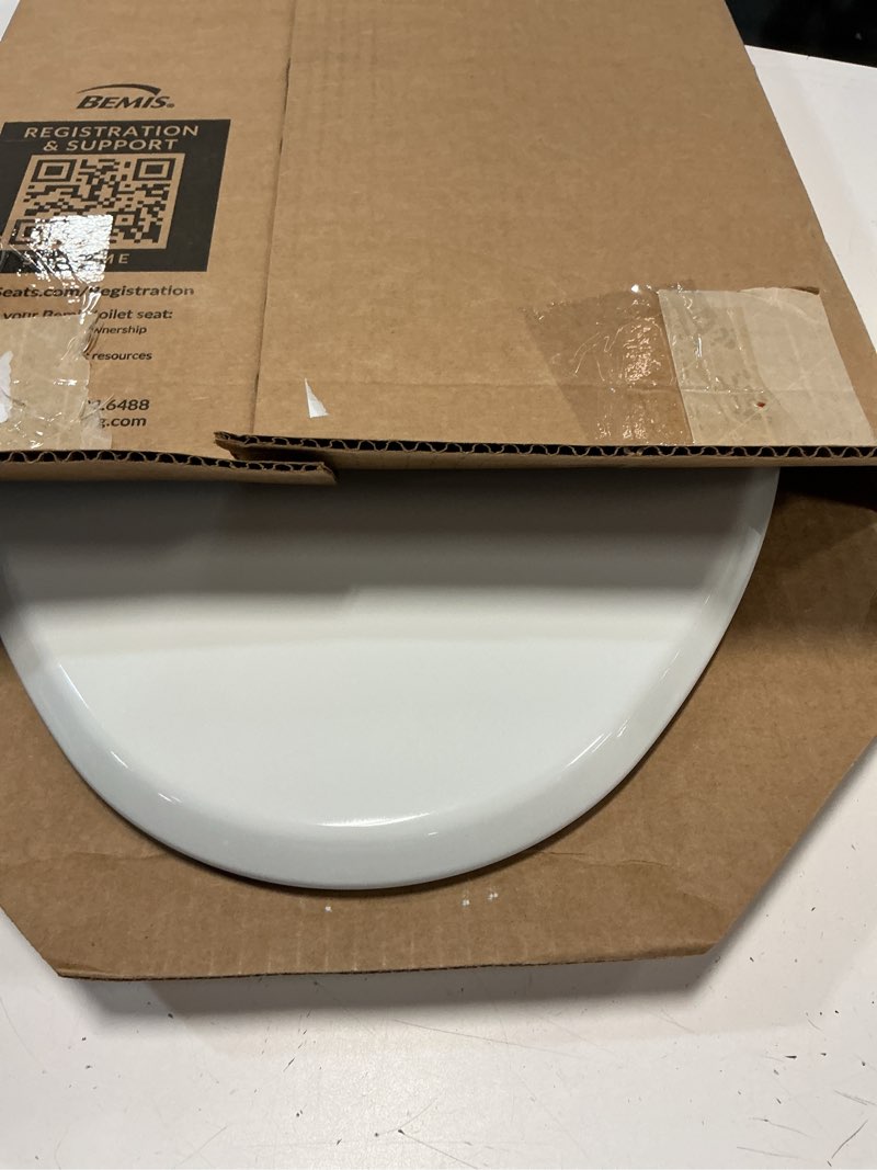 Condition photo showing Good Condition for mayfair bennett toilet seat with brushed gold hinges, slow close wood seat, secure metal hinges, easy install, made in usa, elongated, white elongated gold