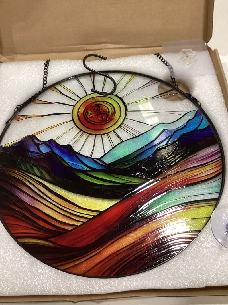 Condition photo showing Good Condition for sun mountains stained glass window hanging, 9.8’’sun catcher glass panel boho wall art decor with chain, hand painted round glass gifts for couples, housewarming gift