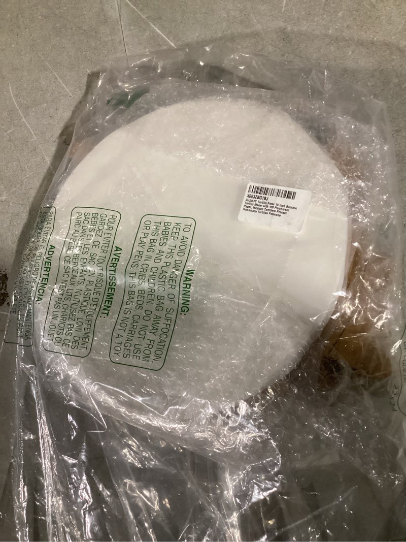 Condition photo showing item condition for ZUJJAFY Tortilla Press 10 Inch Bamboo Tortilla Maker with 100 Parchment Paper, Mexican Tortillera Presser Homemade Tortillas Pataconera Dough Press 10 inch Round