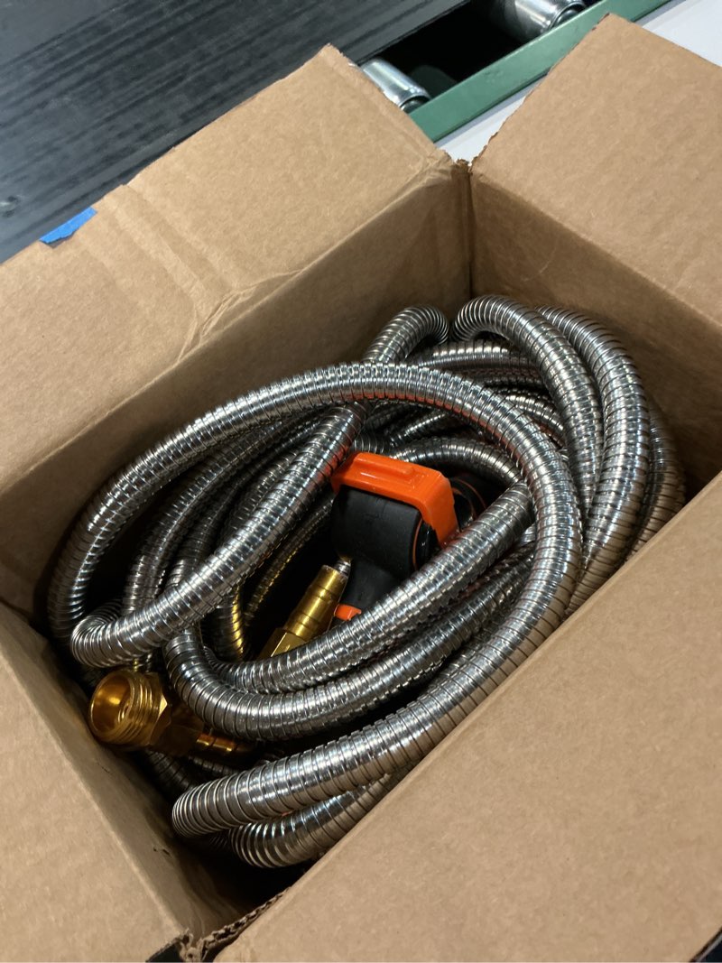 Condition photo showing Good Condition for giraffe tools garden hose 25ft x 5/8", 304 stainless steel metal water hose, no kink garden water hose with 9 pattern spray nozzle, flexible, lightweight, kink free hose for yard, outdoor 25ft 5/8"