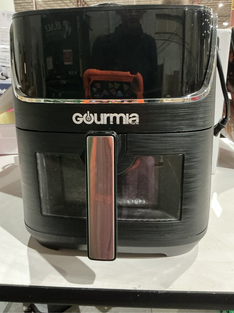 Condition photo showing Good Condition for gourmia 8 qt air fryer, 8 presets with digital display, fryforce 360° technology, easy view window & interior light, dishwasher safe basket, black countertop black