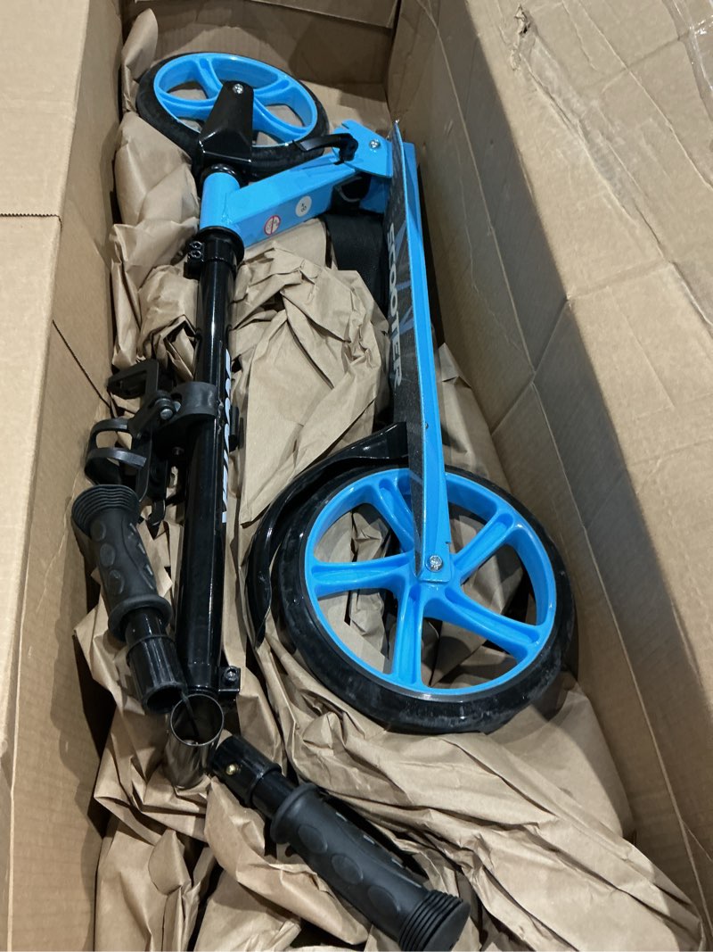 Condition photo showing Good Condition for scooter for kids ages 6+, teens & adults, max load 240 lbs, foldable kick scooter with 8-inch big wheels, kickstand, 3 adjustable levels, rear brake, sky-blue