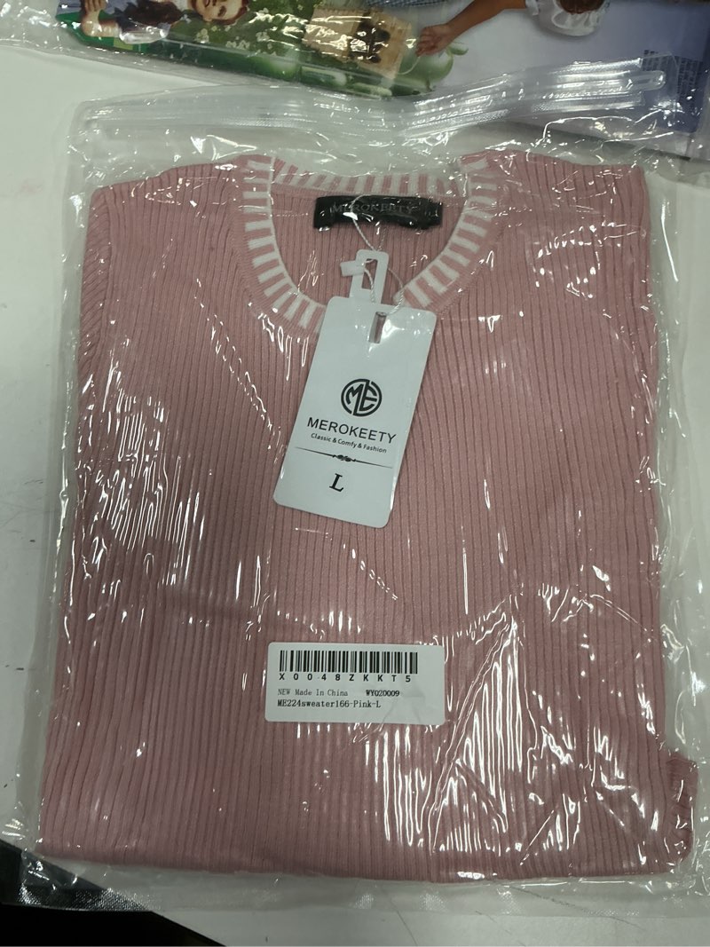 Condition photo showing New/Like New for MEROKEETY Women's 2024 Long Sleeve Ribbed Color Block Sweater Crewneck Slim Fitted Basic Knit T Shir