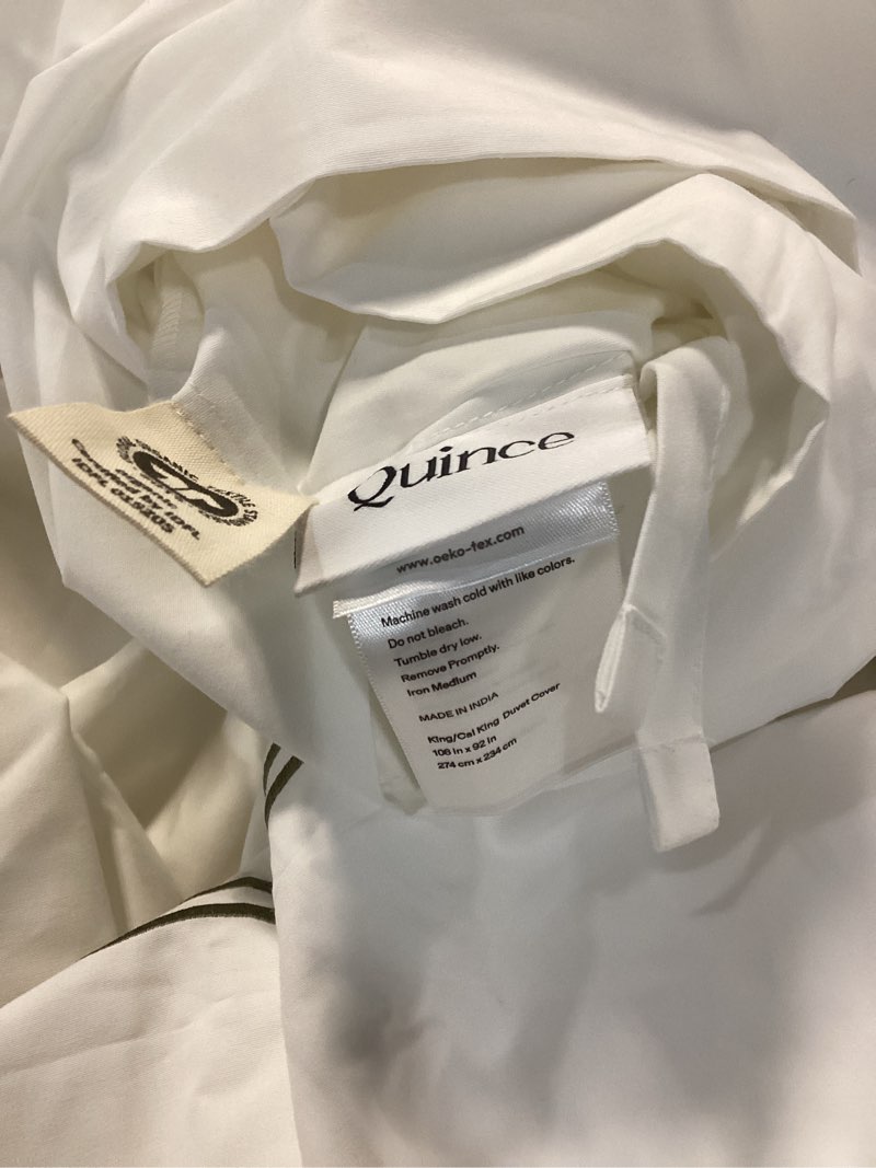 Condition photo showing As Is for organic crisp percale embellished duvet cover set, white/dusty olive, king/cal king