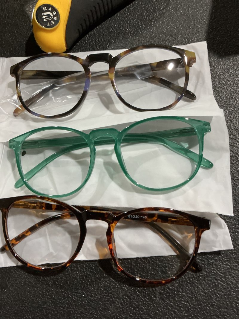 Condition photo showing Good Condition for iboann chic & comfy blue light glasses for women - 3-pack round frames, screen-ready style with uv protection coating c8 light black & iris blue tortoise &ivy green clear