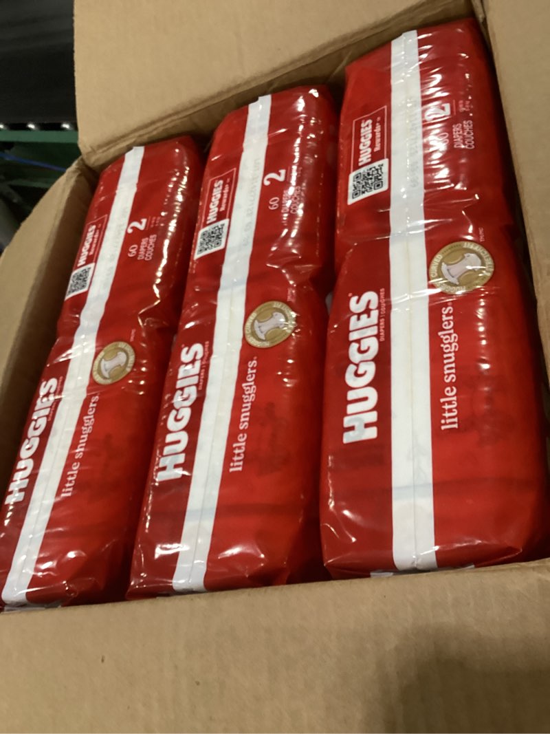 Condition photo showing New/Like New for huggies size 2 diapers, little snugglers baby diapers, size 2 (12-18 lbs), 180 ct (3 packs of 60), packaging may vary size 2 180