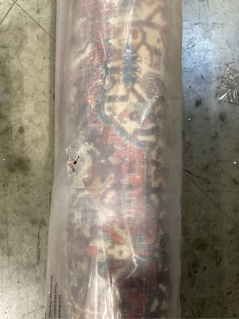 Condition photo showing As Is for loloi layla collection lay-08 red/navy 5'-0" x 7'-6" .13" thick area rug, soft, durable, vintage inspired, distressed, low pile, non-shedding, easy clean, printed, living room rug 5' x 7'6" (rectangular) red / navy