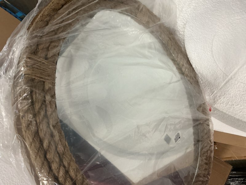 Condition photo showing New/Like New for Nautical Mirror 24 Wall Decor with Rope Wrapped Trim and Hanging Loop Round Circle Coastal Boho Mirror Nautical Rustic Decorative for The Living Room, Bedroom Bathroom and Entryway Brown 24"L x 24"W Vintage