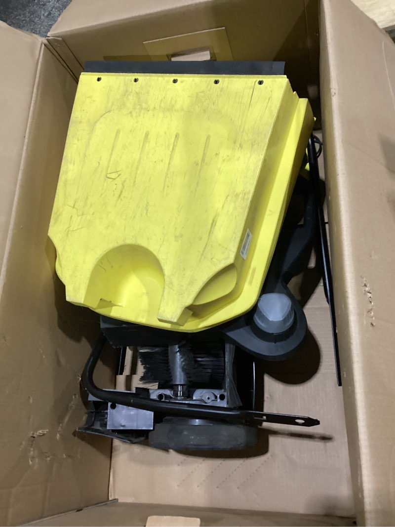 Condition photo showing As Is for kärcher walk-behind outdoor push sweeper s 6 twin for workshops, warehouses or garages - 6x faster than a push broom, 10 gallon capacity, 33.9" sweeping width s 6 twin (residential) yellow