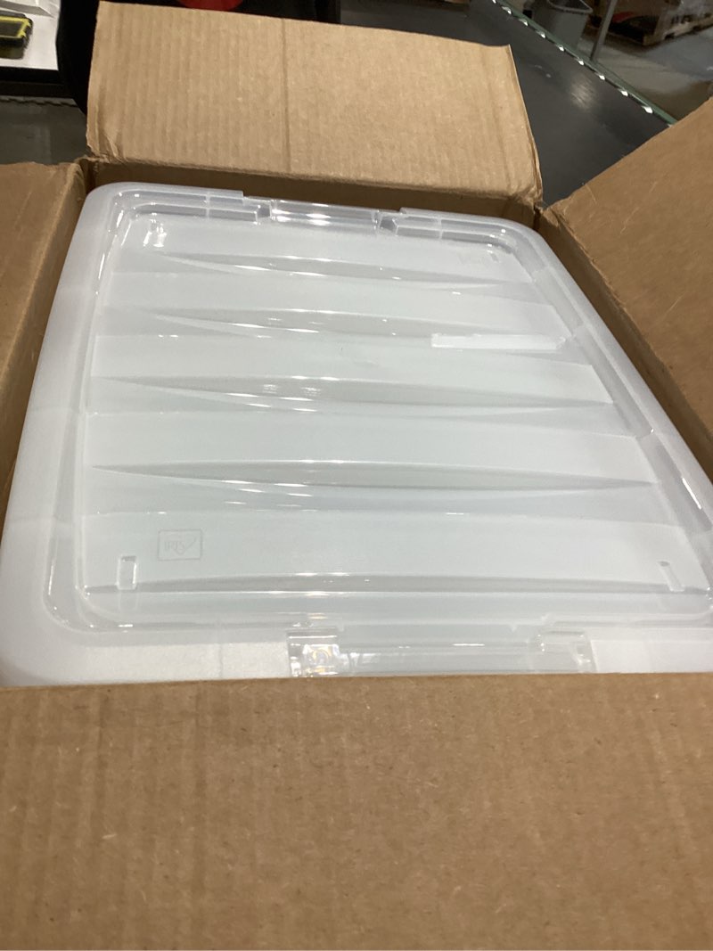 Condition photo showing As Is for iris usa 40 qt stackable plastic storage bins with lids, 4 pack - bpa-free, made in usa - see-through organizing solution, latches, durable nestable containers, secure pull handle - clear clear 40 qt 4 pack