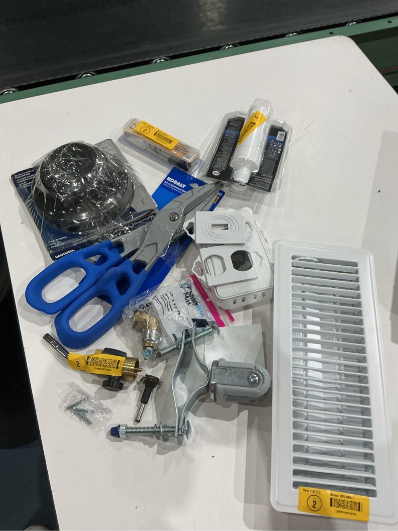 Condition photo showing As Is for assorted home improvement lot (small tools, screw, home accessories, etc.)