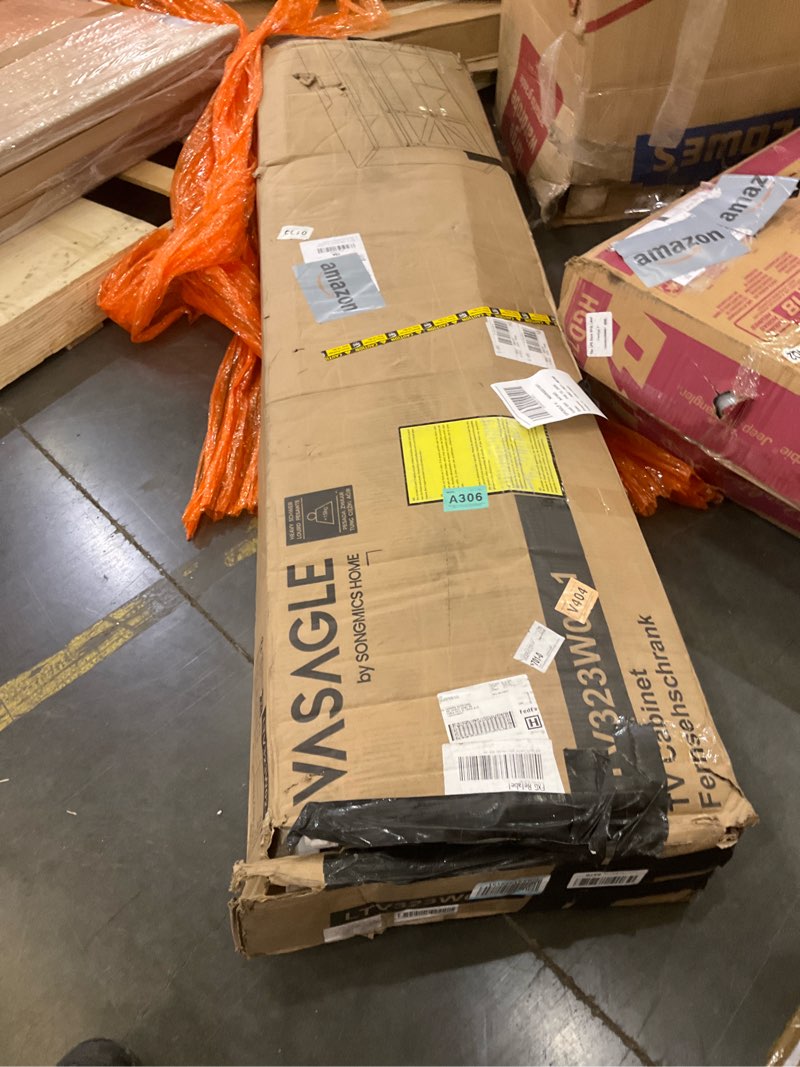 Condition photo showing As Is for VASAGLE TV Stand for TVs up to 75 Inches, Farmhouse Entertainment Center with Sliding Barn Doors, Console Table for Living Room, Rustic White and Honey Brown ULTV323W02 70"L Rustic White + Honey Brown