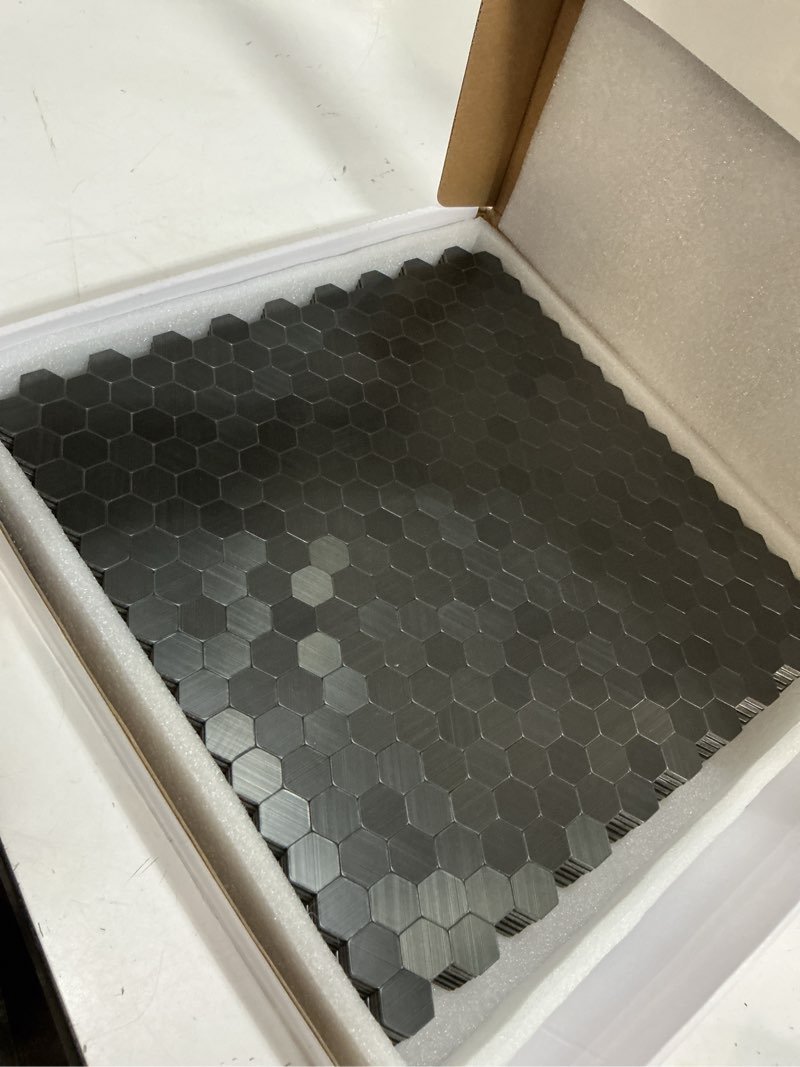 Condition photo showing New/Like New for hexagon peel and stick backsplash, self-adhesive aluminum metal surface stick on wall tiles for kitchen bathroom fireplace (6 sheets, gunmetal gray) gunmetal grey hexagon pack of 6