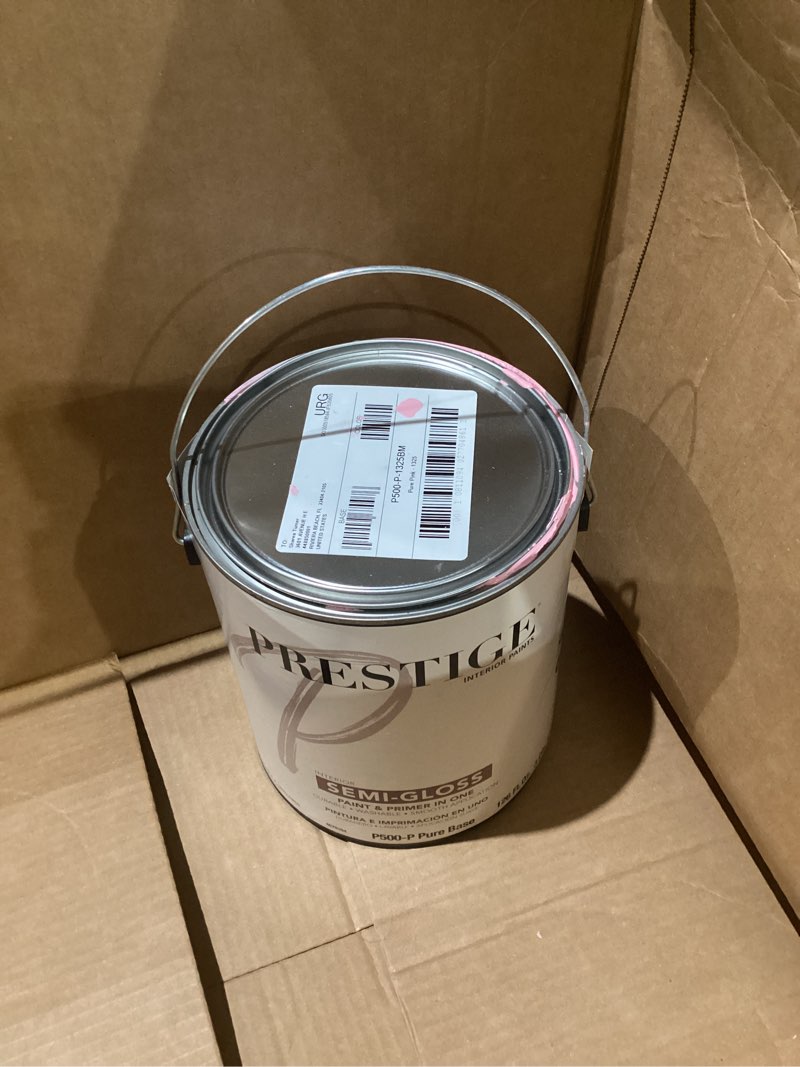 Condition photo showing As Is for prestige paints interior paint and primer in one, 1-gallon, semi-gloss, comparable match of benjamin moore* pure pink*