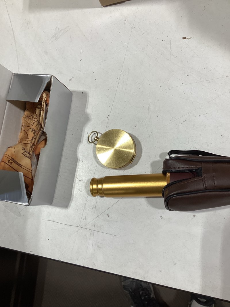 Condition photo showing As Is for pirate monocular telescope with treasure map pocket compass - collapsible spyglass for party accessory set
