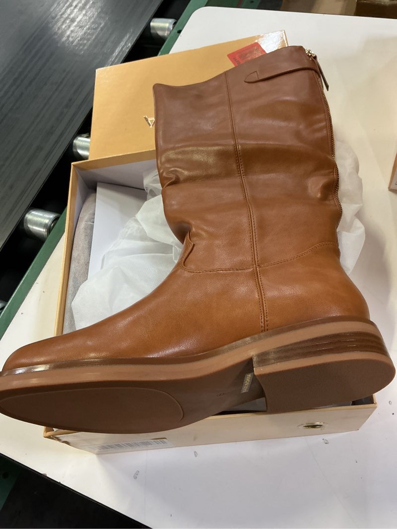 Condition photo showing New/Like New for women's knee high boots chunky heel square toe tall boots for women low heel back zipper boots size 8 brown