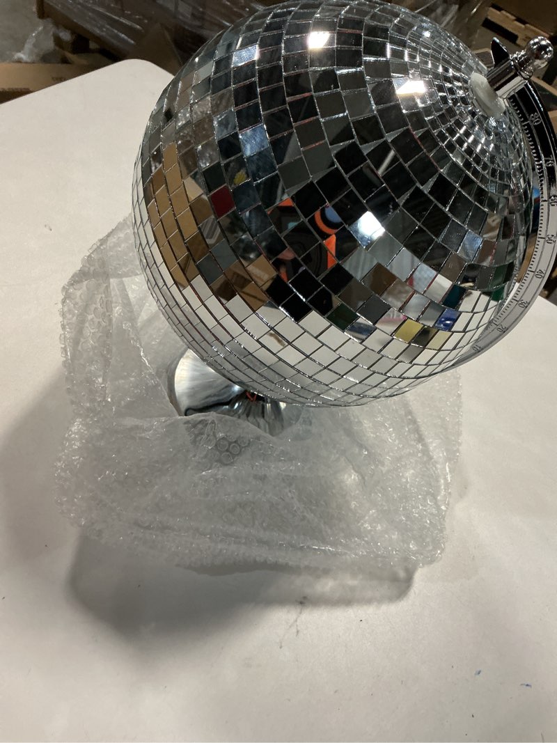 Condition photo showing New/Like New for disco ball globe tabletop decor – 8 inch large mirror disco sphere sculpture with metal base, retro modern decorative accent for home, living room, office & party spaces