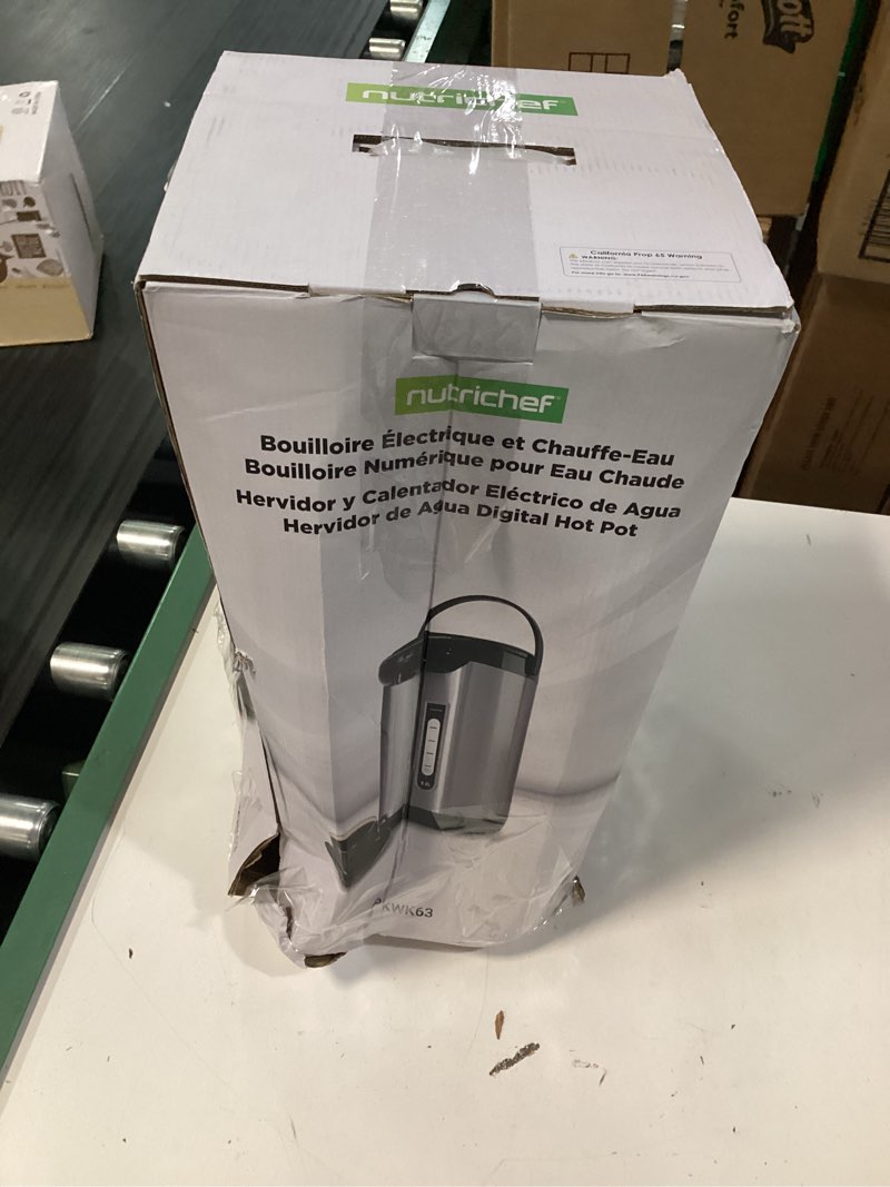 Condition photo showing New/Like New for nutrichef 5.2 qt electric water kettle, portable, quick heating, 5 liter digital kettle with 5 temperature settings, safety lock, stainless steel, 3 dispensing options, 8.46" x 11.2" x 16.5" 5.3 quarts