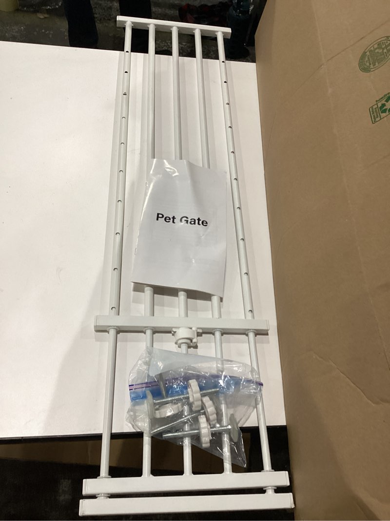 Condition photo showing As Is for White Metal Dog Gate for Small Dogs - (not actually this product just a look alike ) 13.3\" Short Freestanding Puppy Gate with Retractable Sliding Rail, No Installation, Indoor/Outdoor Use, Foldable & Portable Pet Barrier W:16.5\"-46\" 