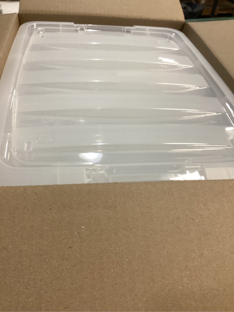 Condition photo showing Good Condition for iris usa 32 qt stackable plastic storage bins with lids, 4 pack - bpa-free, made in usa - see-through organizing solution, latches, durable nestable containers, secure pull handle - clear clear 32 qt 4 pack