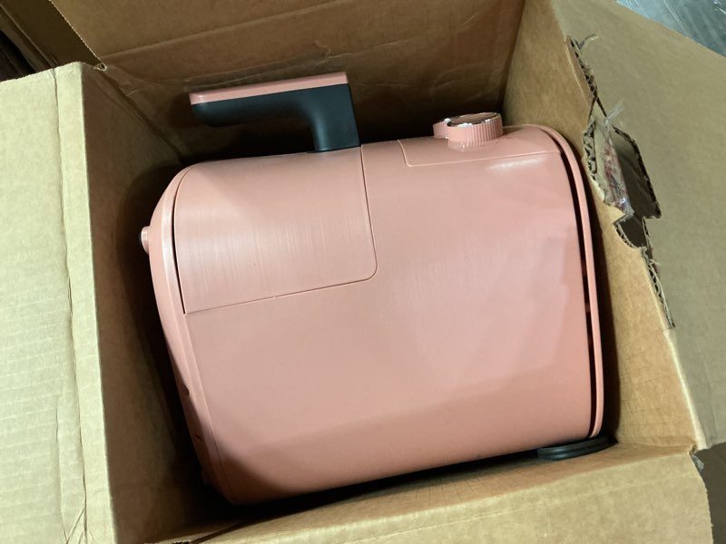 Condition photo showing As Is for greenlife 4.5qt air fryer, mechanical dial controls, pfas-free ceramic nonstick drawer, adjustable temp & timer, led indicator, oil-less cooking, dishwasher safe, compact family size, pink dusty pink