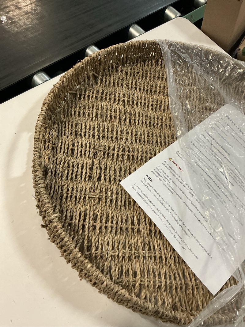 Condition photo showing As Is for round ottoman tray large wicker serving tray with handles for coffee table, 20 inch handwoven natural seagrass tray